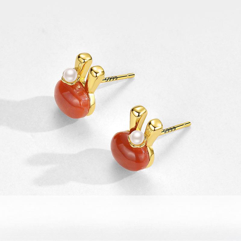 Cute Little Rabbit Jade White Jade Southern Red Earrings Small Earrings Year of Rabbit Earrings