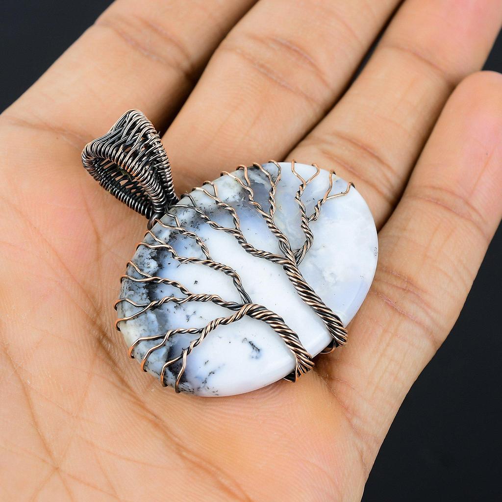 Double Tree Of Life Dendrite Opal Gemstone Copper Wire Wrap Handmade Pendant Jewelry Indian Jewelry For Her