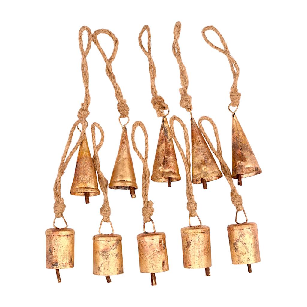 10-Piece Rustic Gold Metal Bell with Rope for DIY Crafts, Vintage Christmas Ornaments and Handmade Wind Chimes, 3.15 Inch Farmhouse Decor