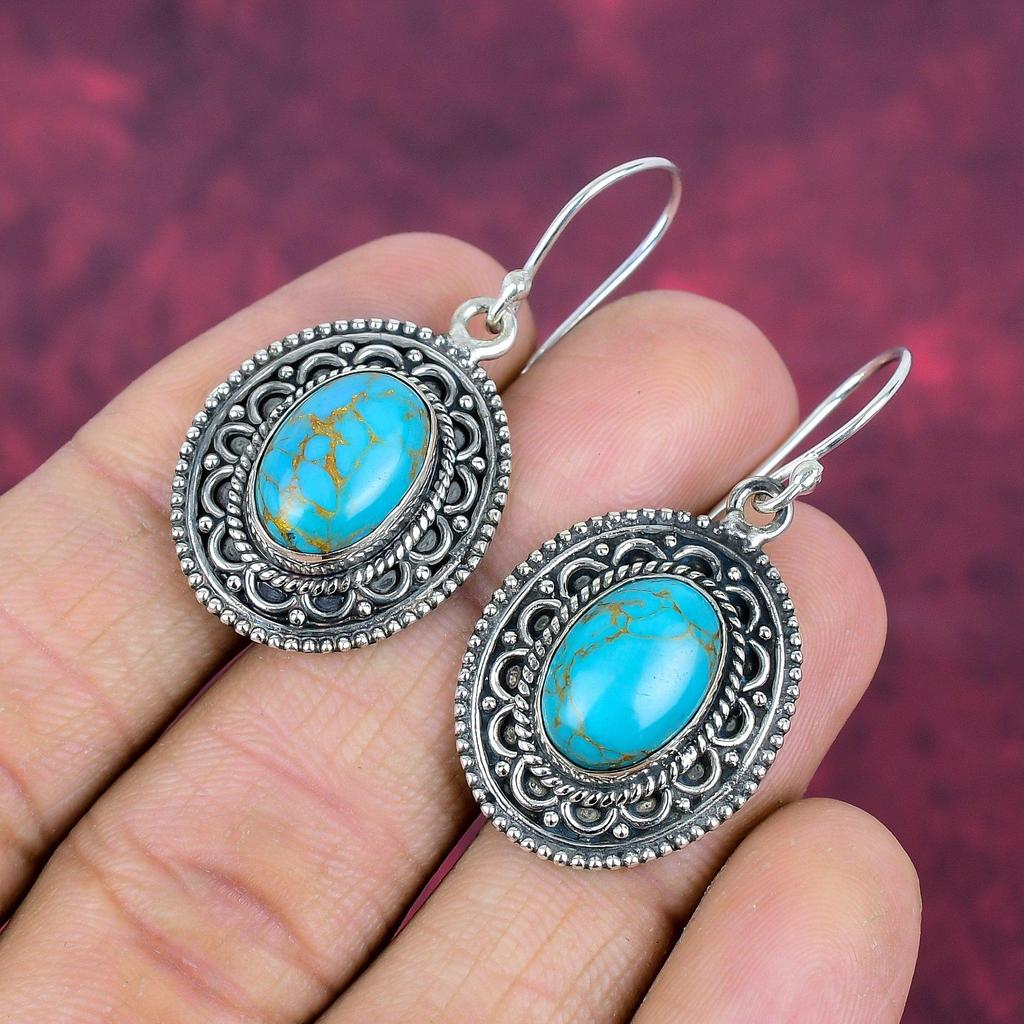Blue Copper Turquoise Handmade Gemstone Earrings, 925 Solid Sterling Silver Earrings Antique Jewelry, For Engagement Gift