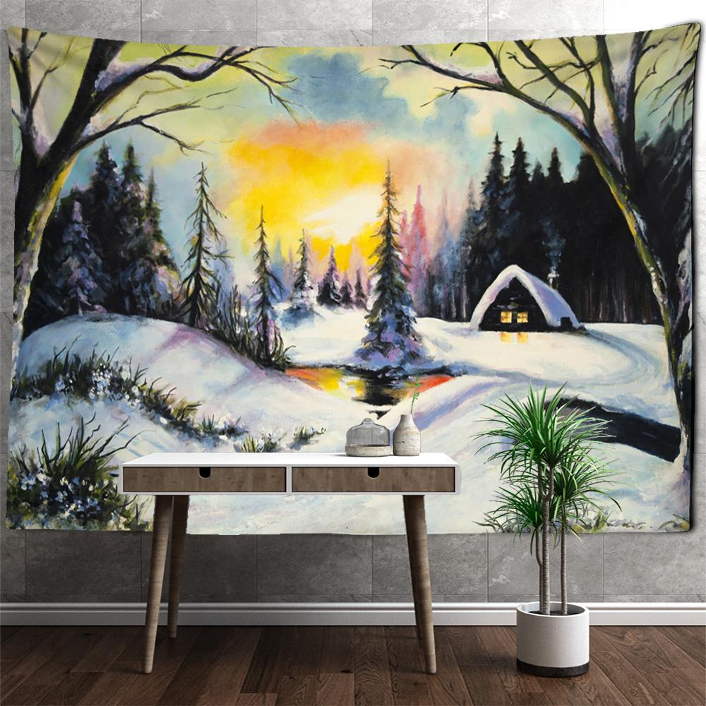 Рождественская елка Снежная сцена картина маслом гобелен настенный богемный стиль хиппи психоделический колдовство комната домашний декор