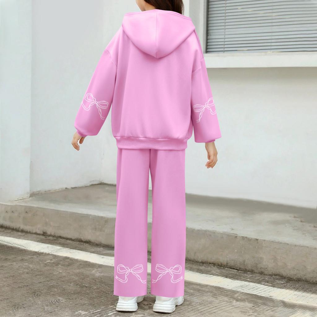 Kids' Plush Long Sleeve Long Pants Loose Pullover Bow Print Hoodie Set