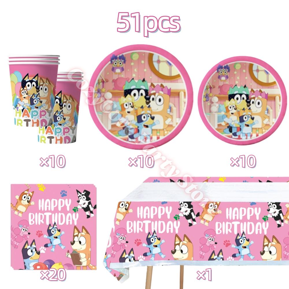 Pink Bluey Birthday Party Decoration Bingo Puppy Tableware Set Cup Plate Straws Balloons For Kids Favor Gifts Photo Booth Props