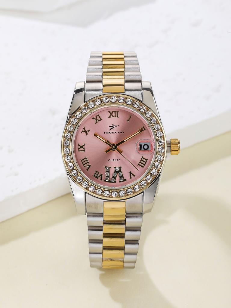 Ladies' luxury quartz watch dual tone stainless steel strap rhinestone bezel Roman numeral dial date display watch