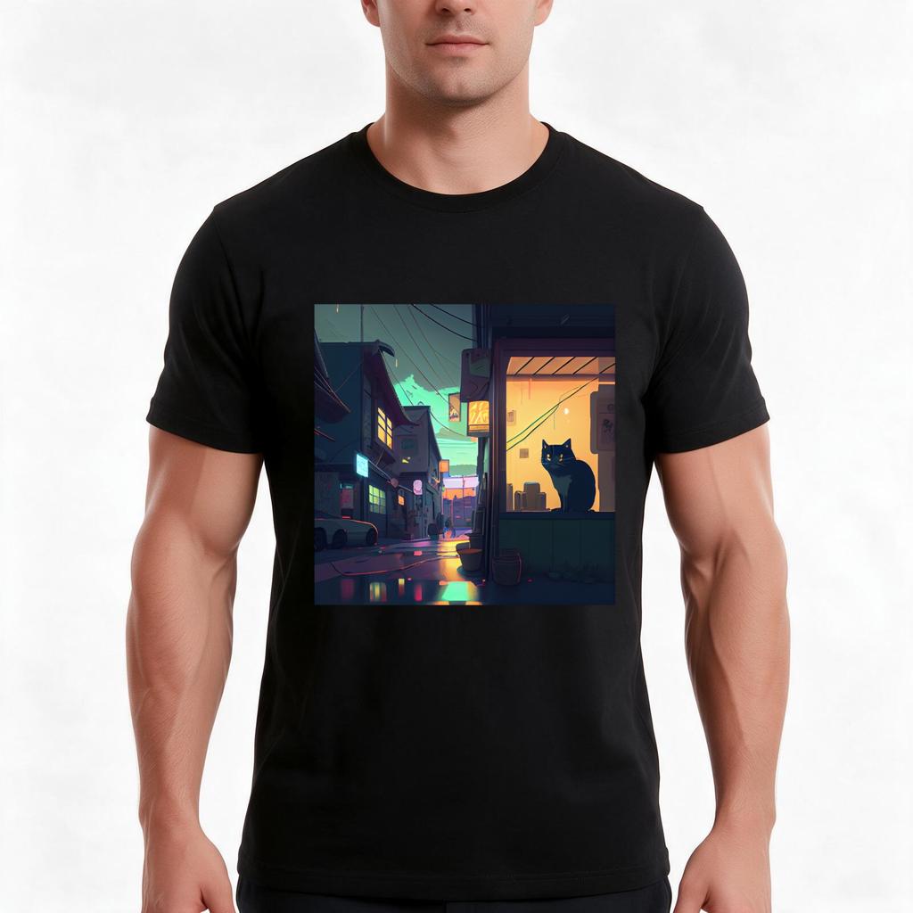 Lofi Cat On The Window Street Night Tshirt Summer Casual Cotton Tee Oversized Streetwear Tops Vintage Graphic Print