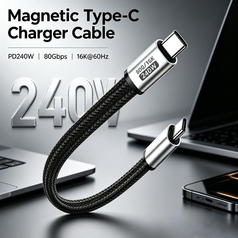 Магнитный кабель USB4 80 Гбит/с Type-C, 240 Вт PD Быстрая зарядка, 16K@60 Гц, Короткий шнур для Macbook, Samsung, Док-станция SSD, Thunderbolt 4/5