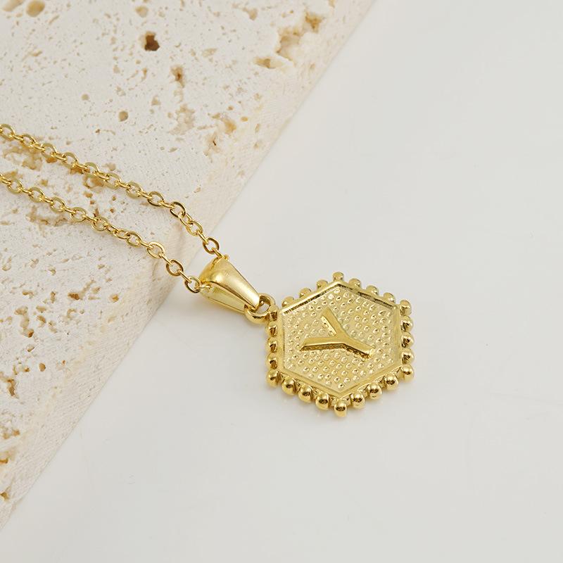 New Fashion Titanium Steel Hexagonal Letter Pendant Stainless Steel 26 English Letter Necklace Female