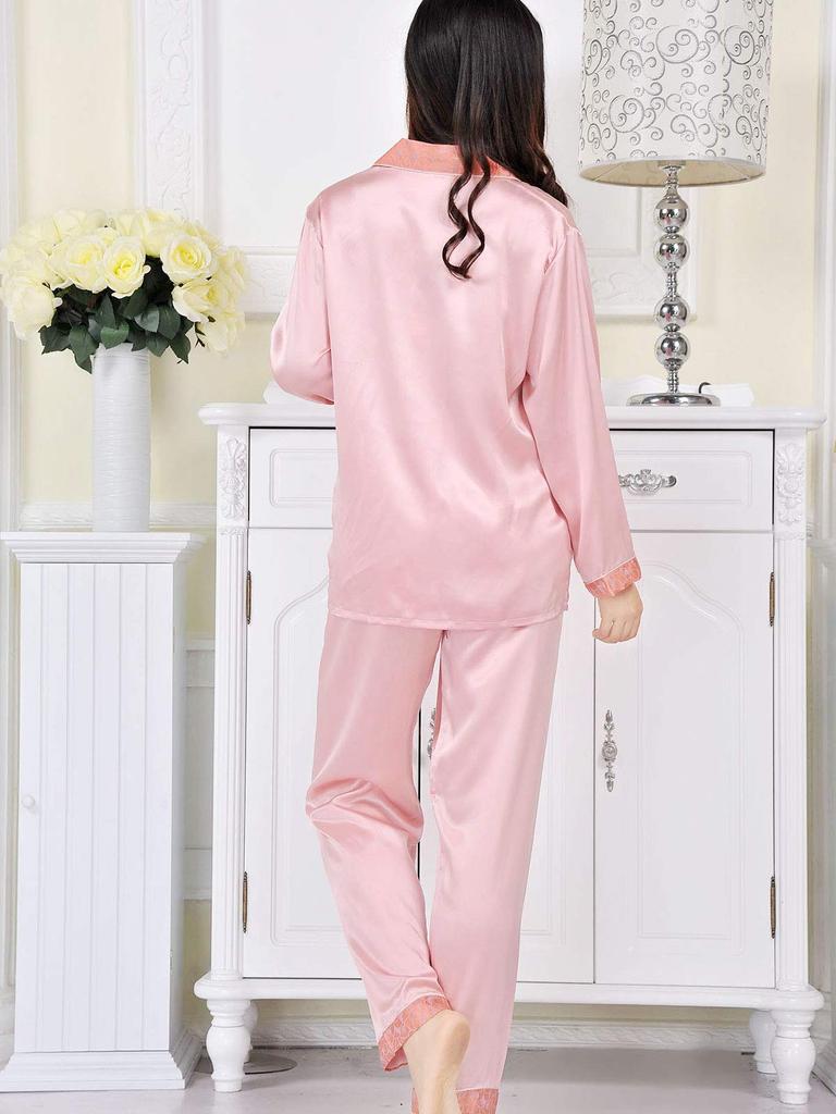 Silk Open Long Leaf Jacquard Top and Bottom XL Women's Pajamas, Front, Sleeves, 100% Silk, Thick, Pattern, Weave, Set,