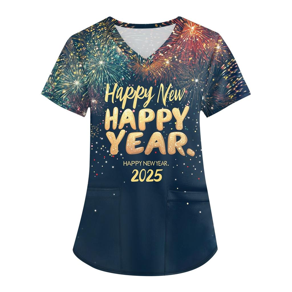 Women's Fashion V-neck Short Sleeve Workwear With Pockets  Printed Tops