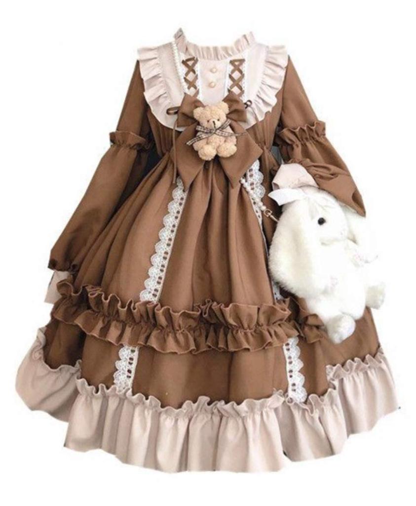 Lolita Long Sleeve Dress Knee Length Cosplay Dress Brown Brown Bear [Lady Lazy]