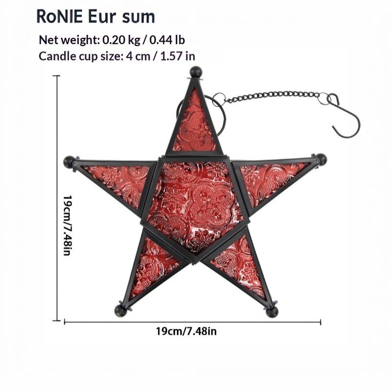 Pentagram Iron Candle Holder Colorful Stained Glass Windproof Hanging Lantern for Christmas Holiday Tabletop Decor