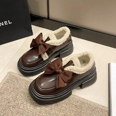 Кожаные туфли женские 2024 года, удобные мокасины с круглым носком, толстая подошва, повседневные теплые хлопковые туфли в стиле Лолиты, туфли Мэри Джейн с закрытым носком