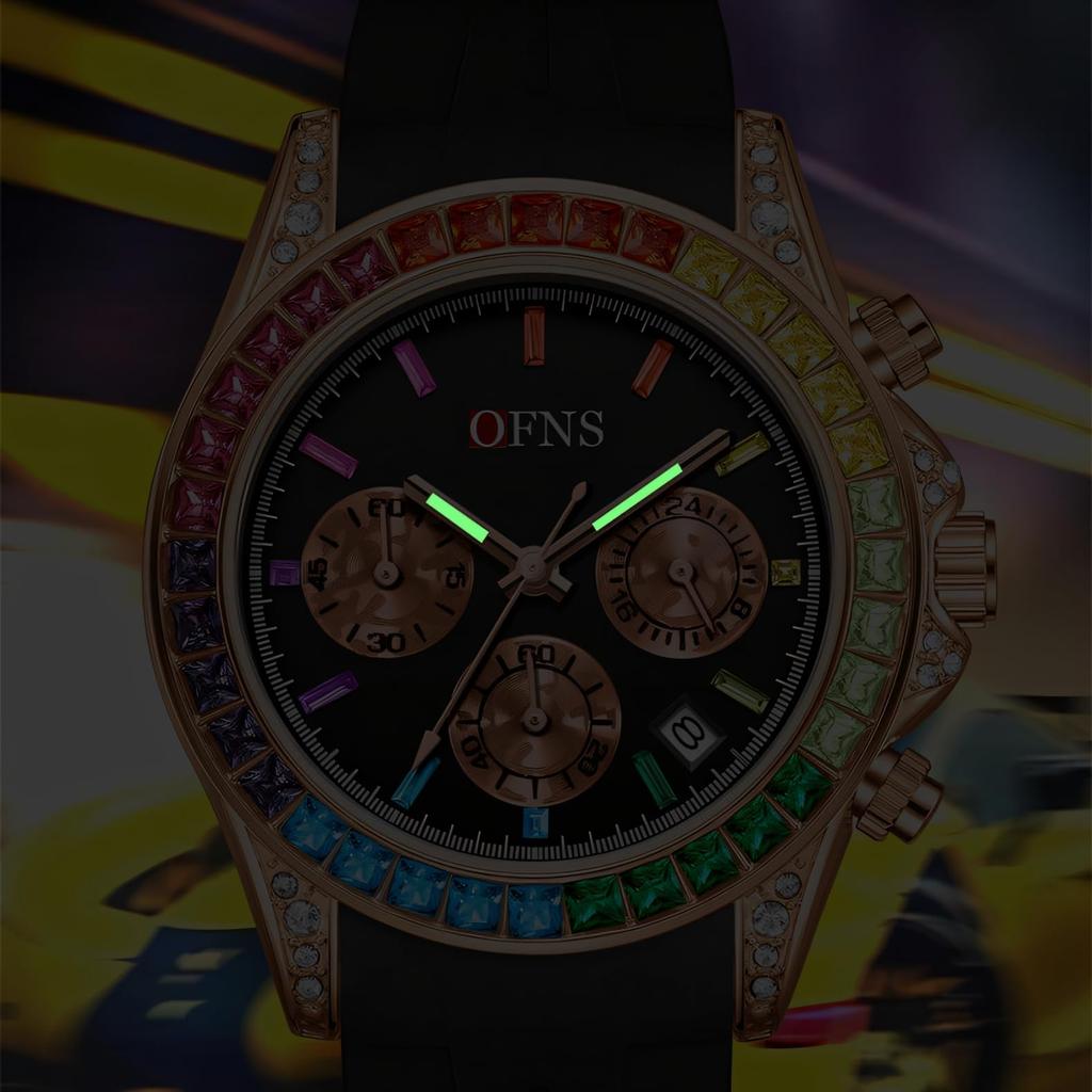 Rainbow Diamond Chronograph Men's Watch Six Pin Quartz Movement Waterproof Calendar Night Light Luxury Men's Watch