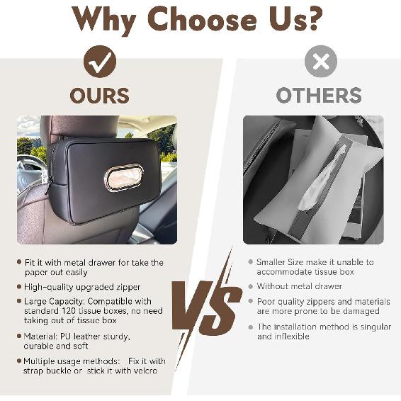 Noaman Upgraded Large Car Tissue Holder Premium PU Leather Tissues Box Cover Backseat Rectangular Napkin Holder For Car Fits For 120 Standard Kleenex