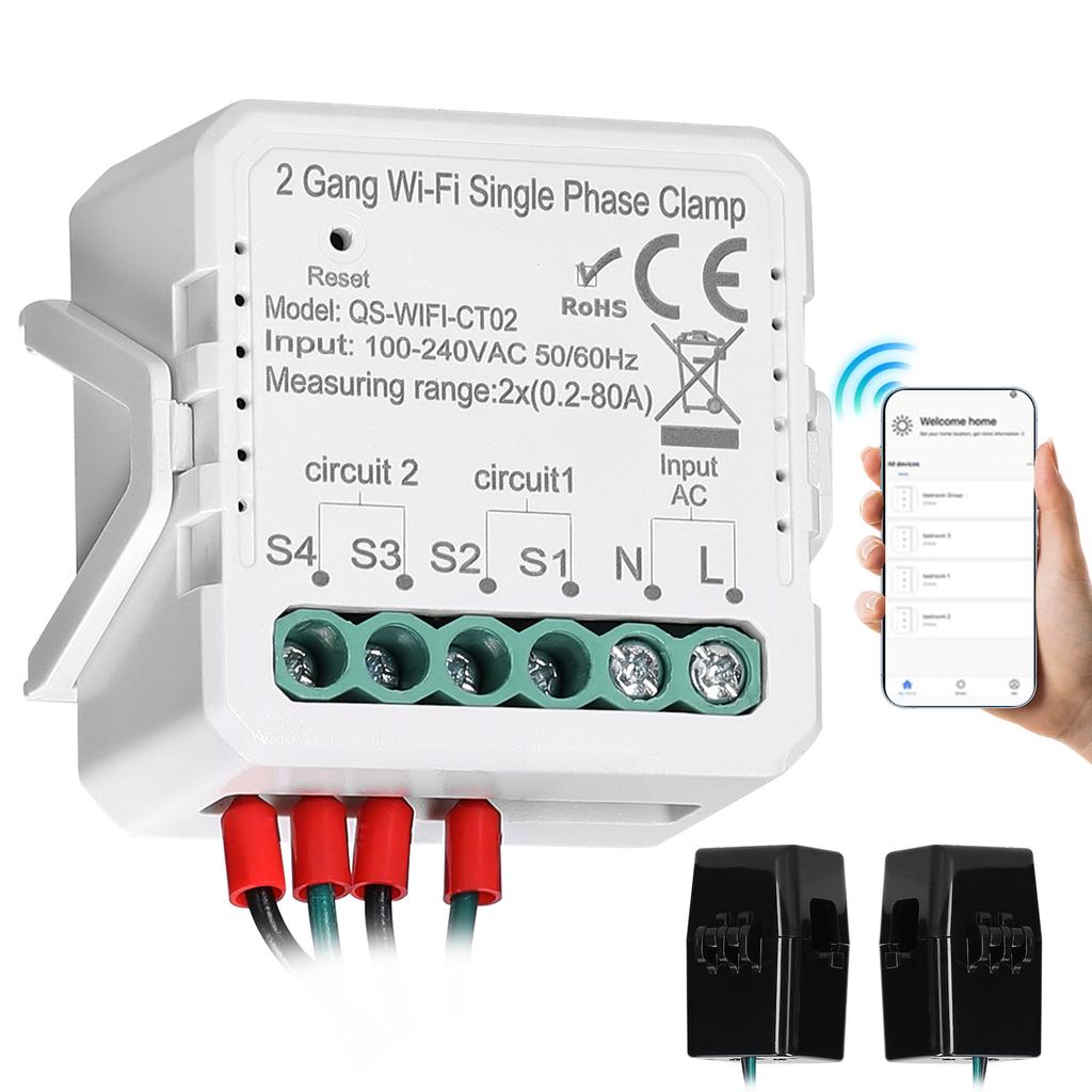 Newest Tuya WiFi Energy Meter 1/2 Gang 80A Single Phase Clamp Solar PV Bidirectional Two Way APP Control Current Transformer