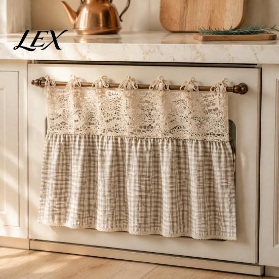 Decorative Fabric Oven Handle Wrap Farmhouse Stove Skirt, Plaid Crochet Lace Curtain, Hollow Kitchen Ornament Skirt Curtain with Ties for Cottage