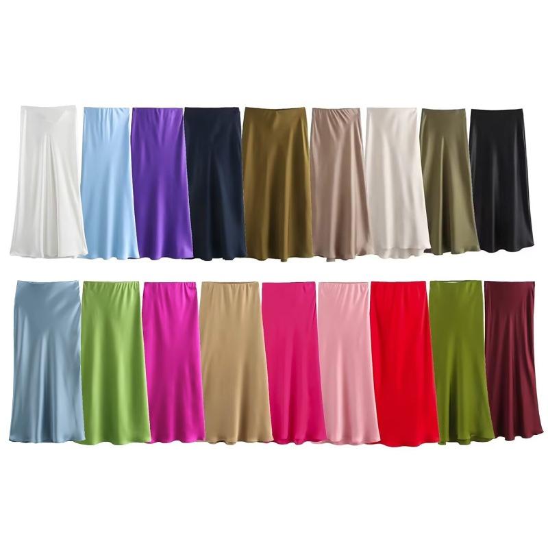 Летняя новая мода с высокой талией женские атласные юбки элегантная однотонная А-силуэт свободная длинная юбка для женщин винтажная облегающая офисная женская юбка 25959