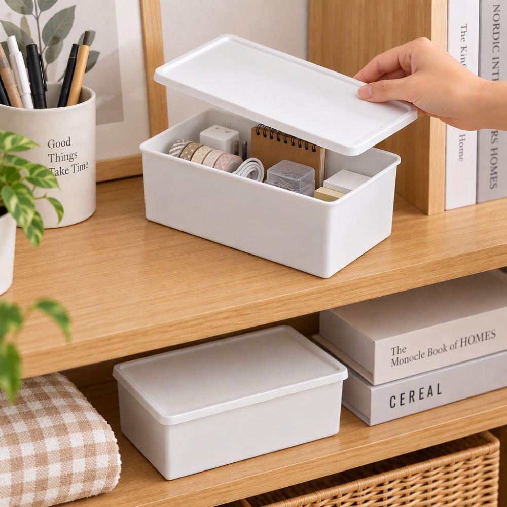 2pcs White Stackable Organizer Container With Lid Small Storage Box Small Household Items