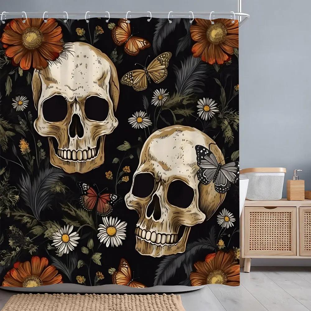 Halloween Skulls Roses Shower Curtain Horror Skulls Crows Red Flowers Polyester Fabric Shower Curtains Bathroom Decor with Hooks
