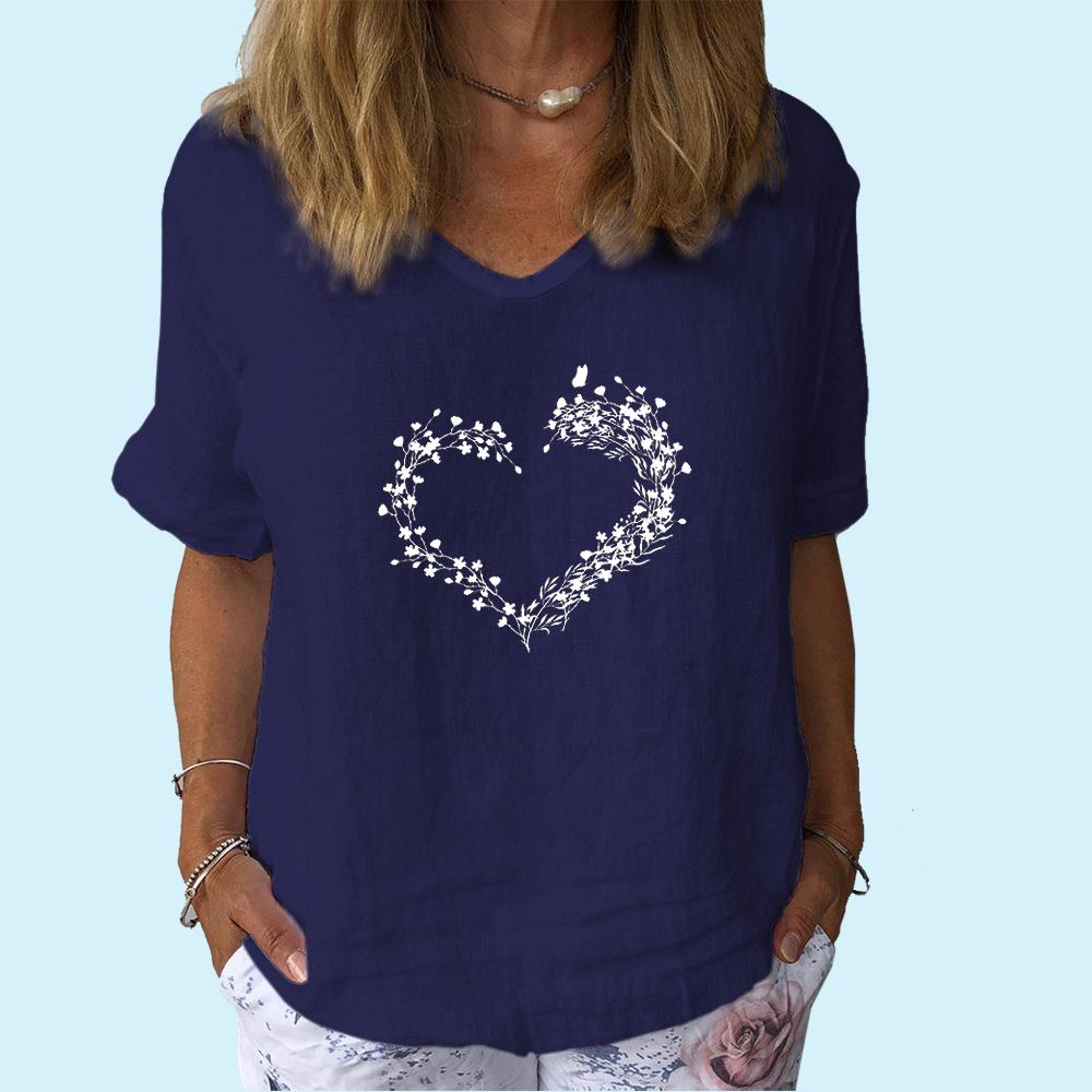 Женская модная футболка с V-образным вырезом и коротким рукавом, повседневная, из хлопка и льна, тонкий топ, женская футболка с принтом