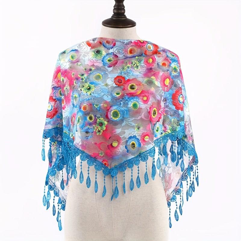 Triangular Scarf with Versatile Lace and Fringe Design, Thin Decorative Fashion Shawl, Women's Headscarf
