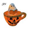 Soft Glow Night Light Ghost Reading Book Lamp, Stained Glass Style Halloween Light, Resin Spooky Themed Pumpkin Bedside Lamp for Bedroom, Living Room,