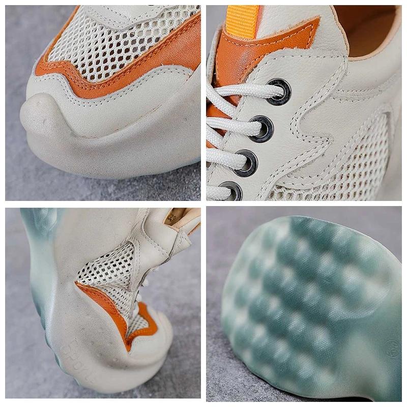 Fujin 5cm Breathable Women Summer Mixed Color Ankle Boots Flats Shoes Air Mesh Genuine Leather Chunky Sneaker Comfy Booties