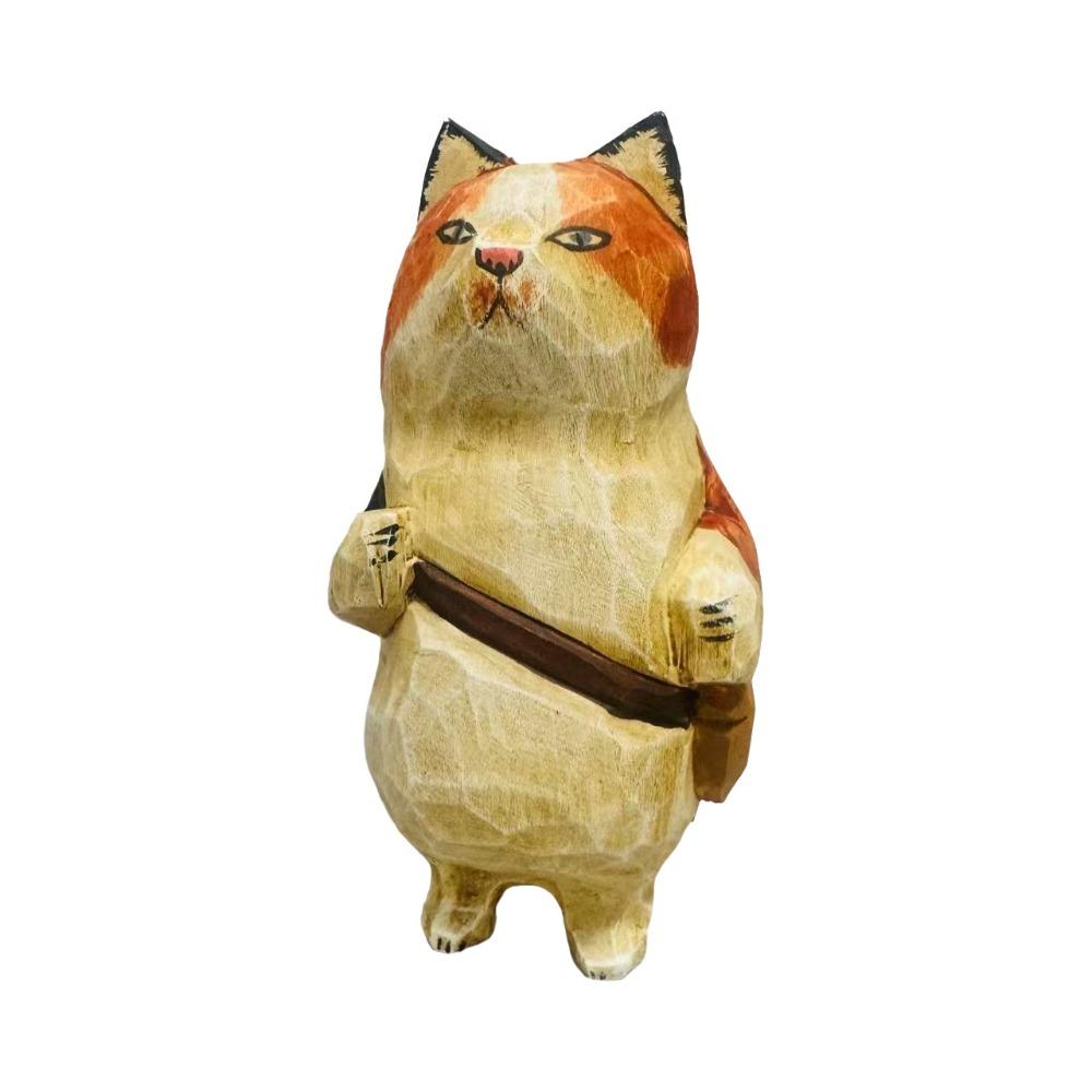 Handmade Wood Carving Cat Ornament Cartoon Cat Figurines Painted Cat Sculpture  Home Decoration