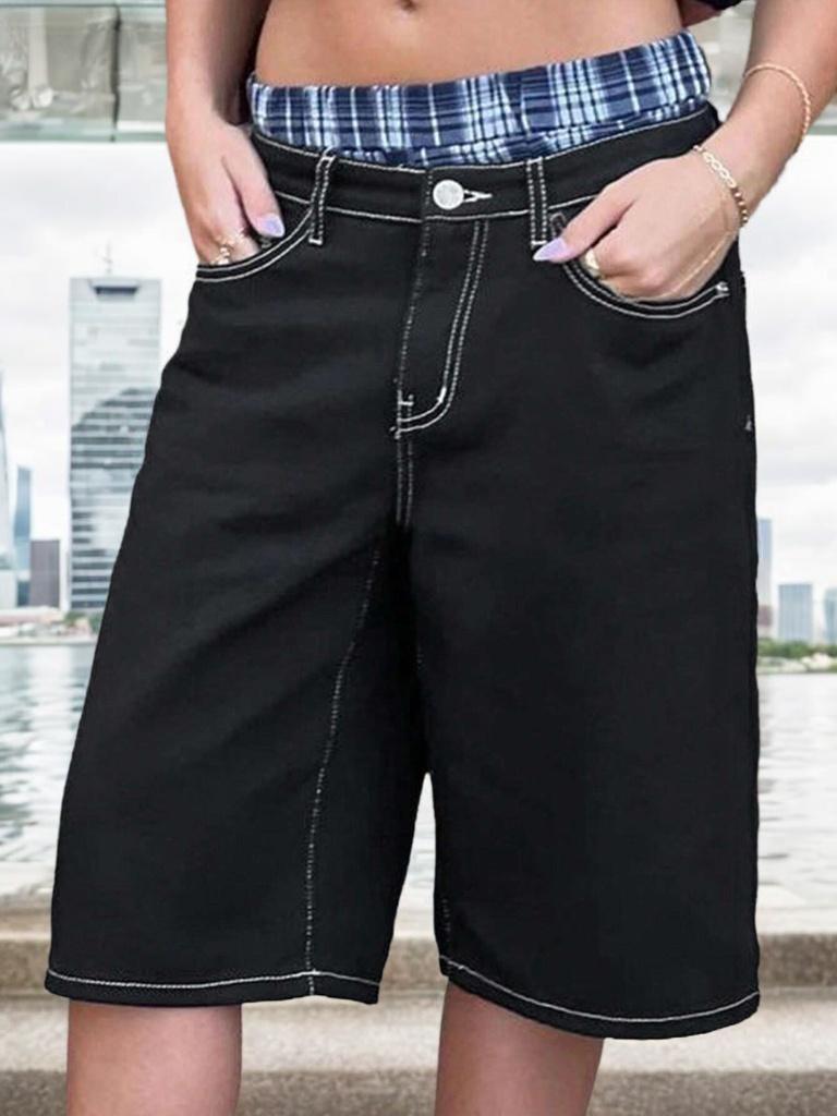 Rose Beauty A Женские брюки Y2K Street Заниженная талия Контрастная строчка сверху Косые карманы Повседневные свободные эластичные джинсовые шорты длиной до колена Шорты Hottie Outfits