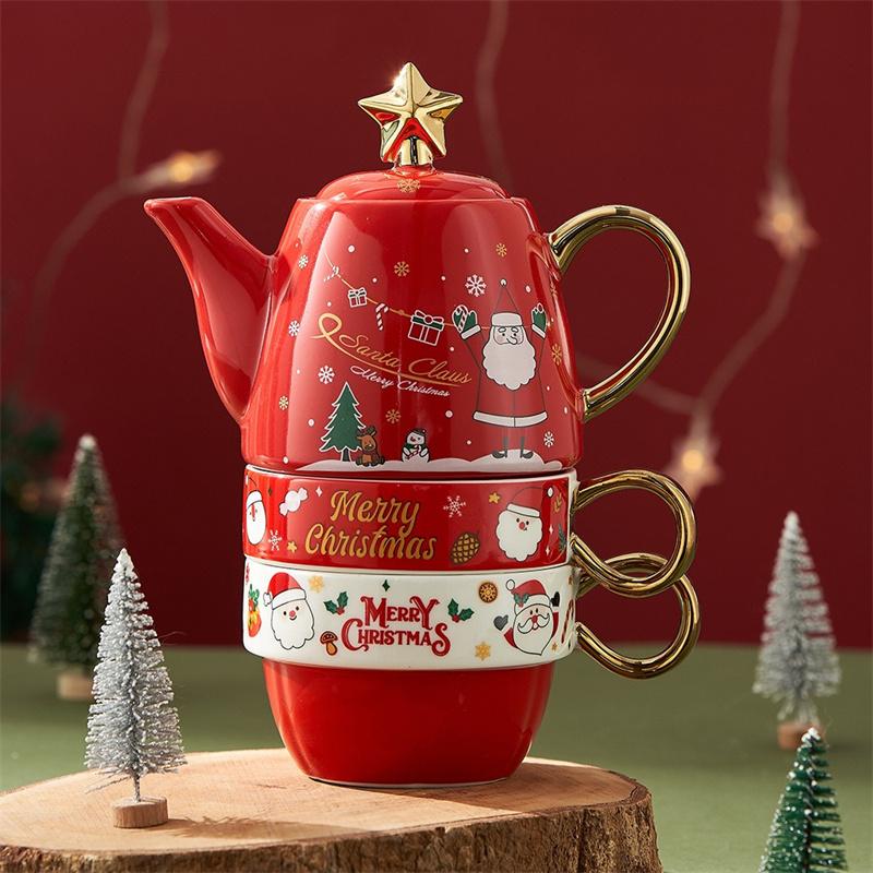 Christmas Ceramic Teapot Teacups Set with Gift Box Santa Claus/Elk Cartoon Teaware Coffee Cup Home Party Decor Christmas Gifts