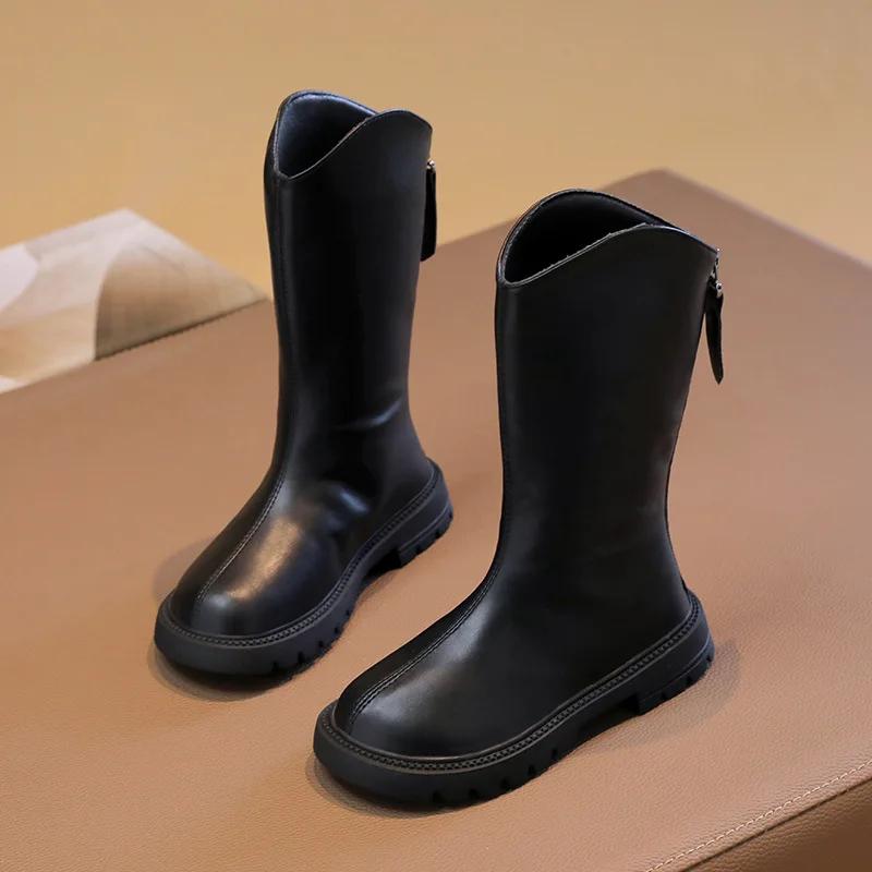 2024 New Children's Fashion Boots Solid Color Simple Girls Causal Long Boots Versatile Black Brown Kids Princess Leather Boots