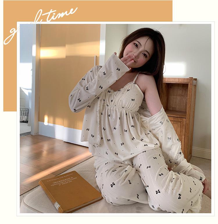 Women's Cross-Border Pajama Set: Spring/Autumn Polka Dot Cardigan & Suspender with Chest Pads, Korean Style, Pure Desire, 3-Piece Home Wear.