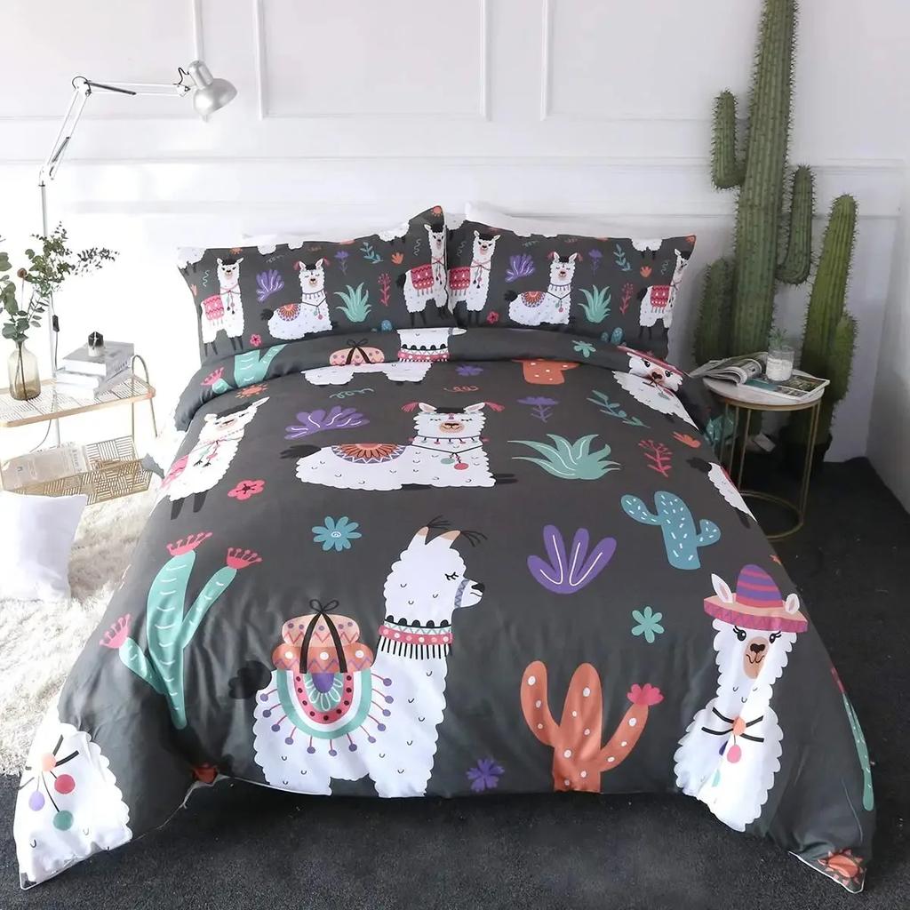 Cute Cartoon Alpaca Llama Cactus Print Duvet Cover Set Full Size, Alpaca Bedding Set Botanical Animal Comforter Cover,Multicolor