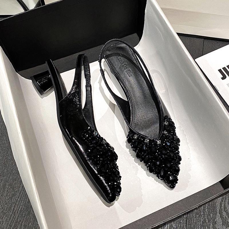 Женские босоножки с закрытым каблуком и острым носком, украшенные французскими стразами, 2024 г., большие размеры 41-43