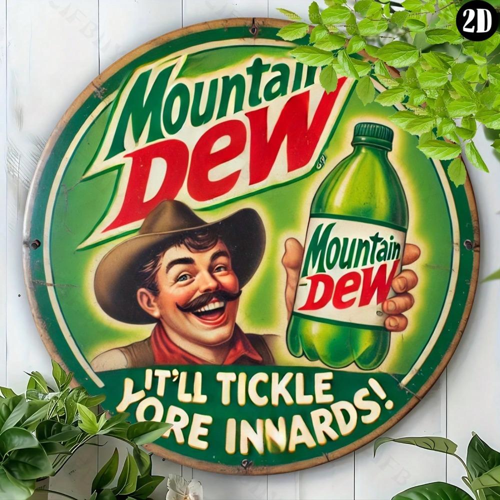 Винтажная металлическая вывеска Mountain Dew Настенное искусство 8x8 дюймов Круглая Алюминиевая фольга Гравированная Прочный Декор Дом Офис Бар Кафе Подарок