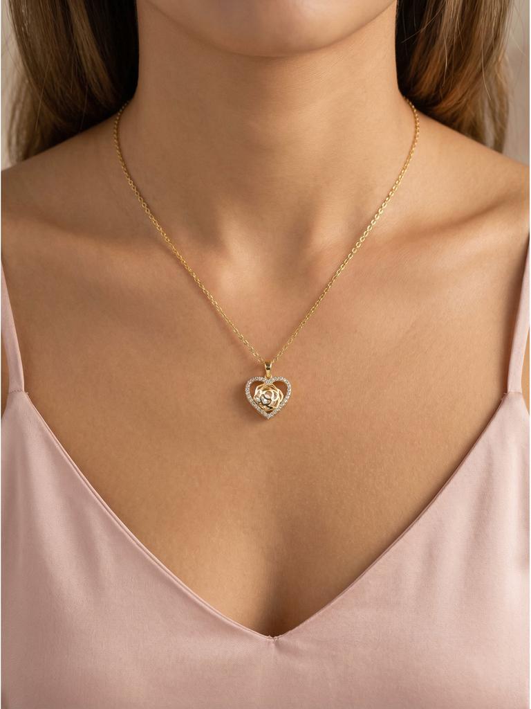 Heart Rose Necklace Tarnish Free for women,18K Gold PVD Plated Waterproof Full Zircon Pave Heart Pendant Elegant Jewelry
