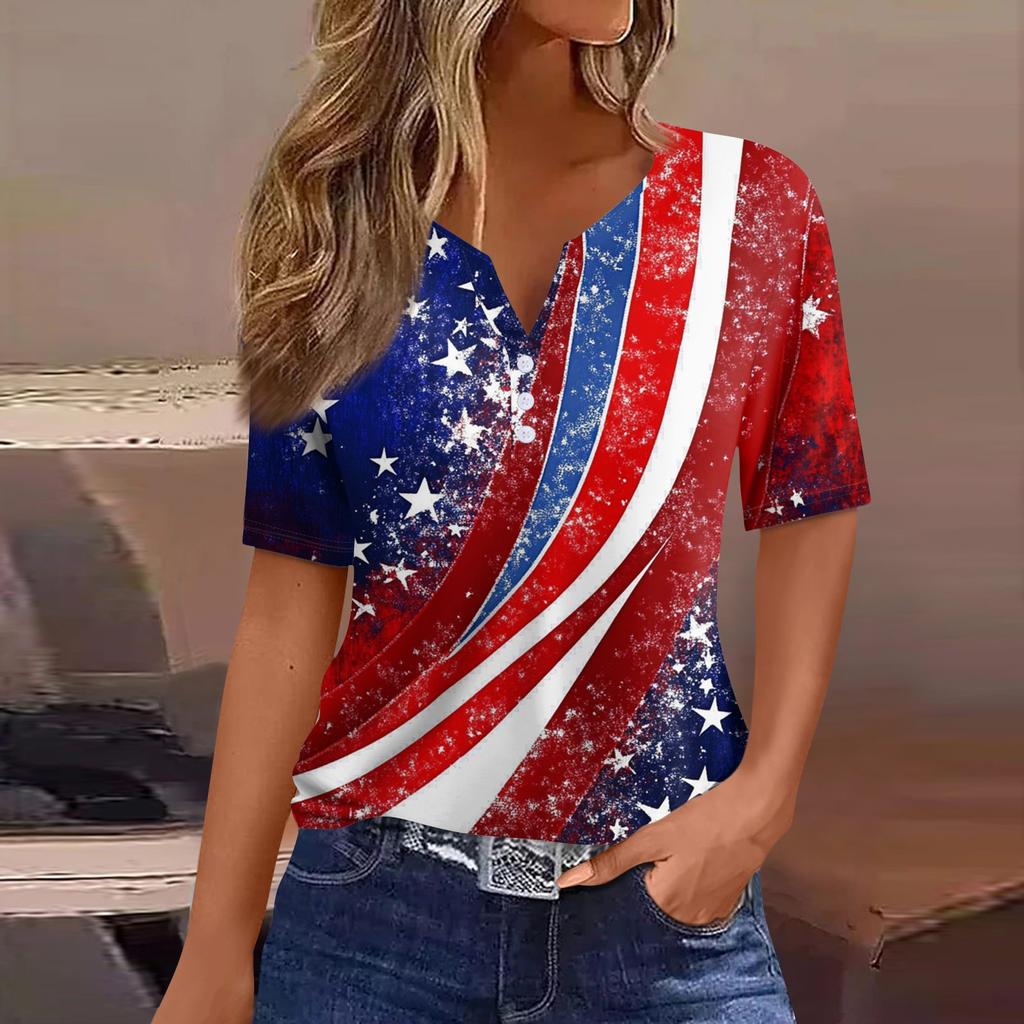 Жен. Футболка С принтом Пуговицы С короткими рукавами Повседневные Выходные Мода Классический V-образный вырез Обычный Верх