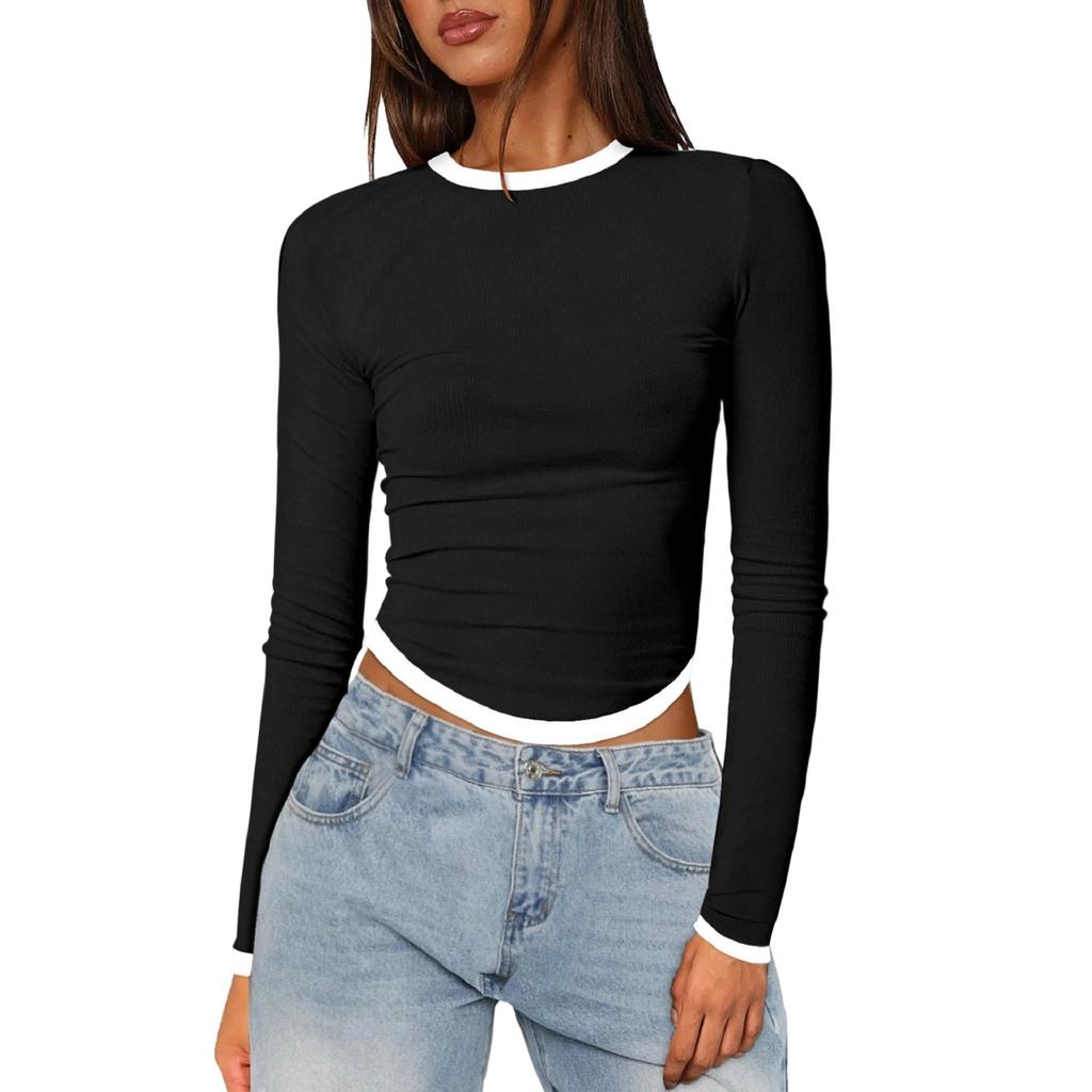 Women's Long-Sleeve  Slim-Fit Color Block Crop Base Layer Top