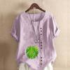 Women's Fashion Round Neck Short Sleeve T-shirt Casual Cotton Linen Graphic Shirt Leisure Green Leaf Prined Summer Blouse Tops