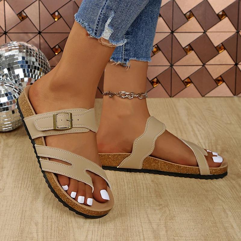 Fashion Womne's Retro Cork Sole Slippers Fashion Buckle Clip Toe Flat Sandals for Women 2025 Summer Comfort Non Slip Beach Shoes Slides