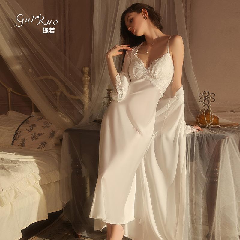Women's Silky Padded Sleep Dress with Robe Lounge Pajama Set