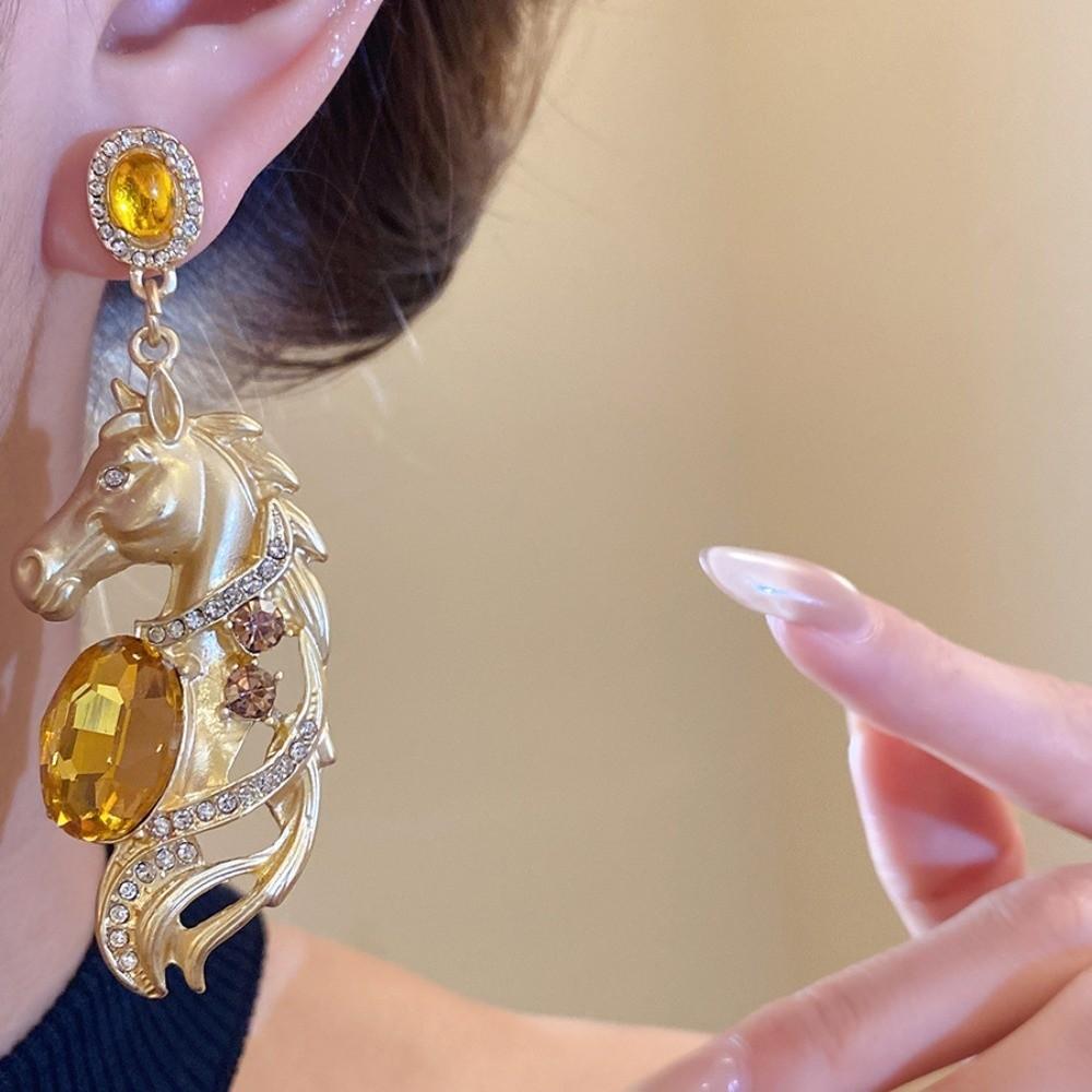 Rhinestone Crystal New Year Horse Earrings Cartoon Horse Mascot Drop Earrings  Party