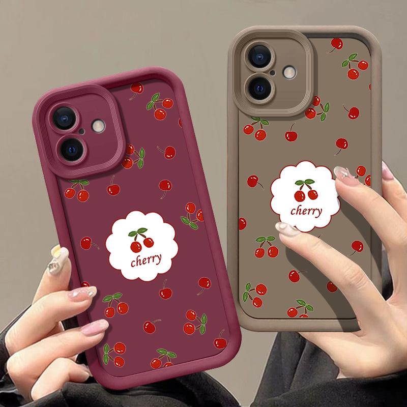 Для iPhone 16 Pro 15 14 Plus 13 12 Pro Max 11 Xs Xr 8 7 Cherry Pattern матовый ударопрочный мягкий TPU защита линз противоударный чехол конфетного цвета