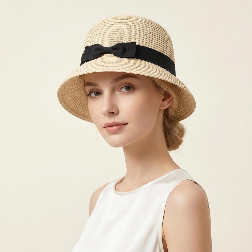 French bow straw hat women's summer sunshade sunscreen basin hat fashionable versatile small brim top hat trendy