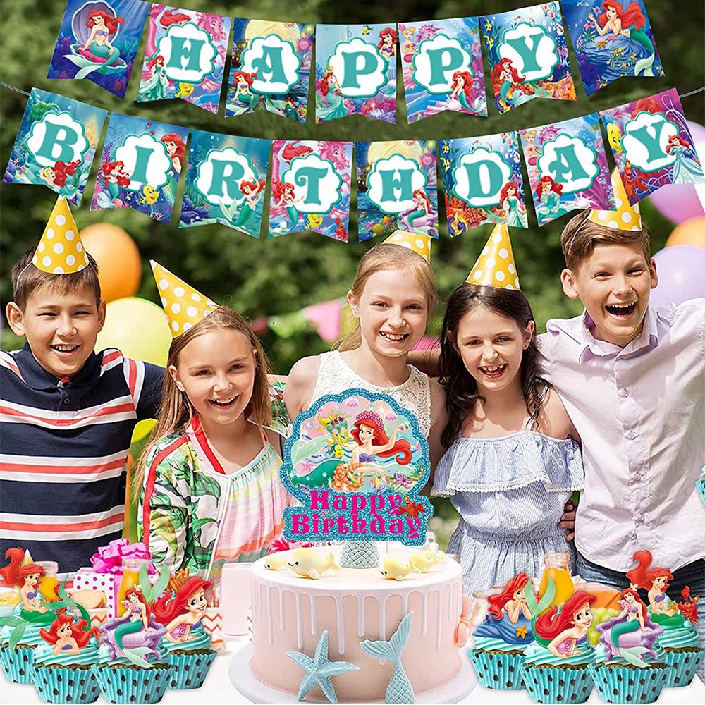 Mermaid Birthday Banner With Cupcake Topper+Balloons Birthday Party Decorations