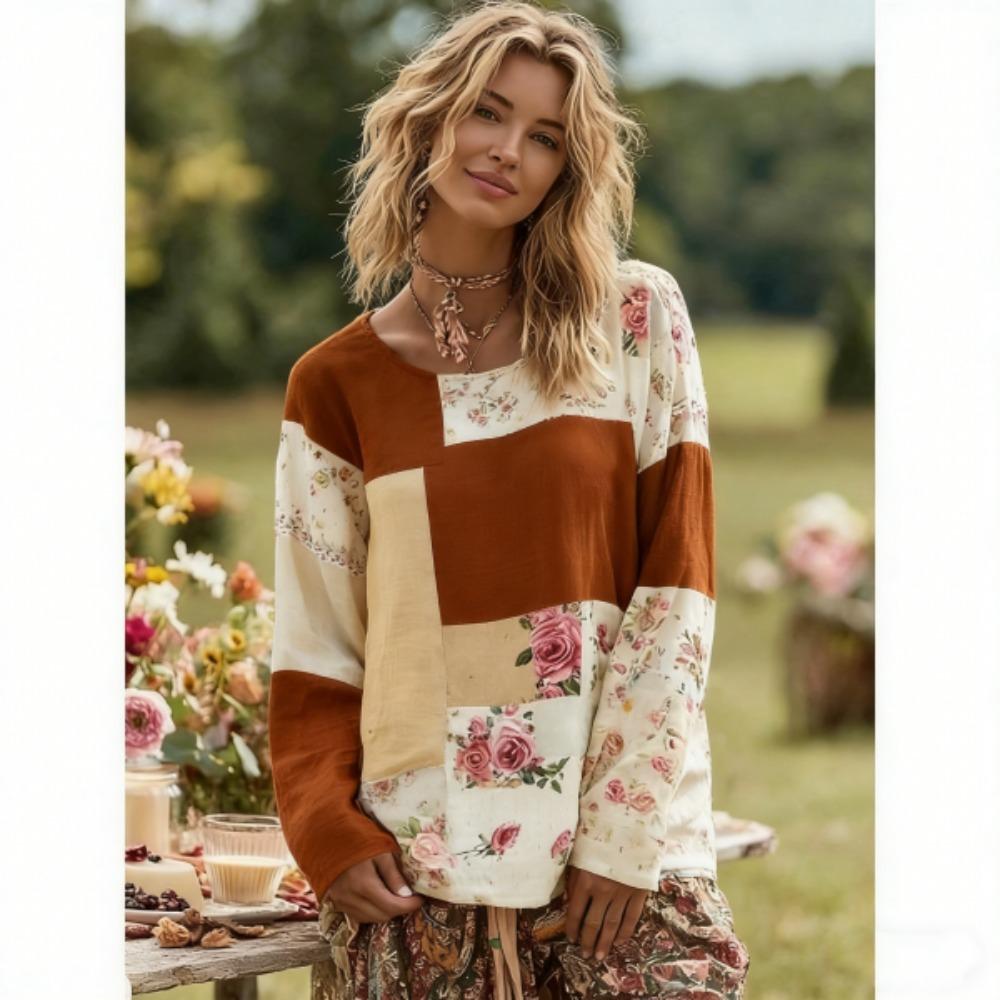 Модная женская футболка в богемном стиле, с цветными вставками, пуловер, одежда для Европы и Америки, женская, с длинным рукавом, для активного отдыха, повседневные футболки, топ