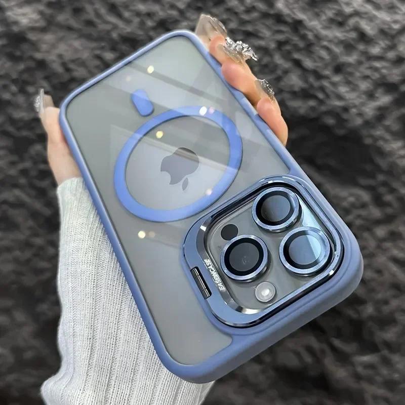 Роскошный противоударный чехол Magsafe для iPhone 16 11 14 13 12 15 Pro Max Plus с магнитной подставкой и защитным стеклом для объектива