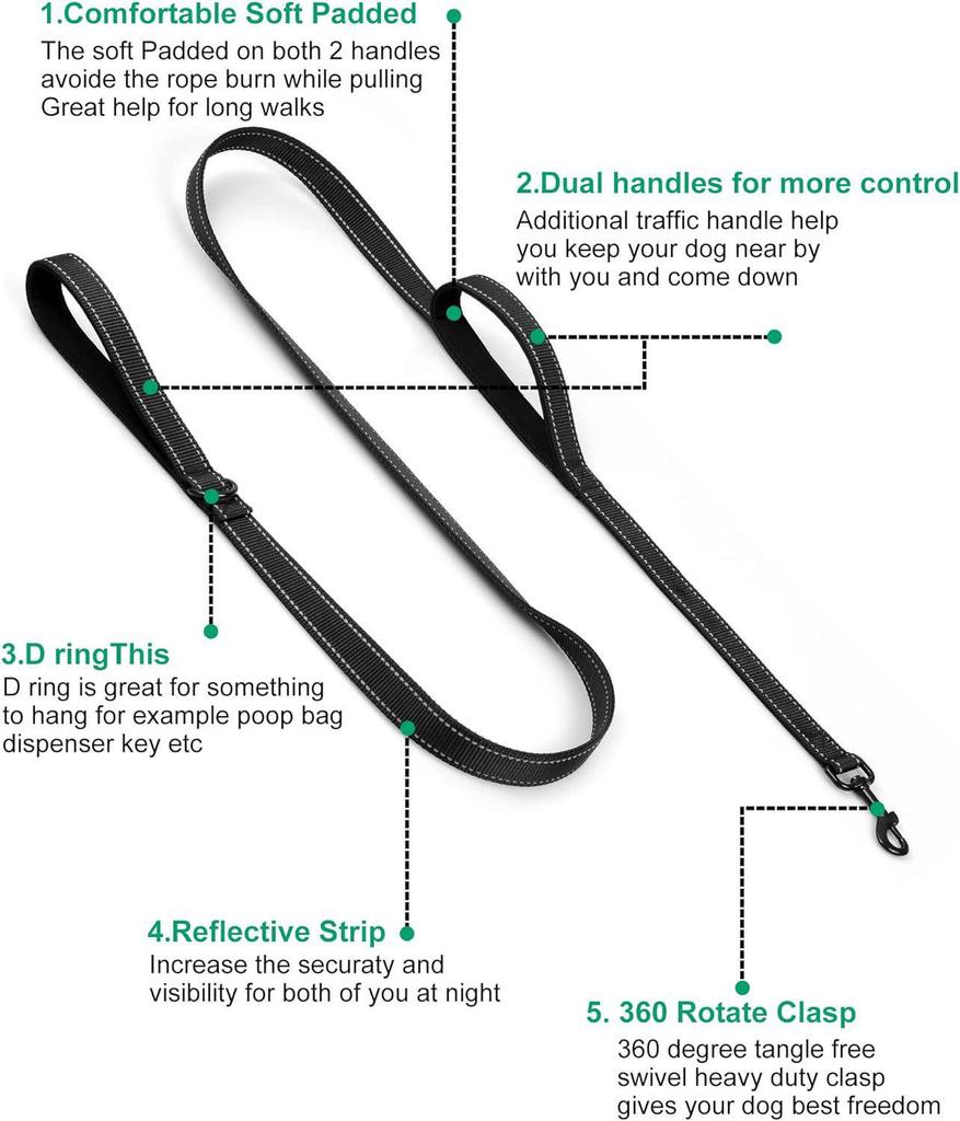 Светоотражающий взрывозащищенный амортизирующий поводок с двумя ручками для крупных собак
