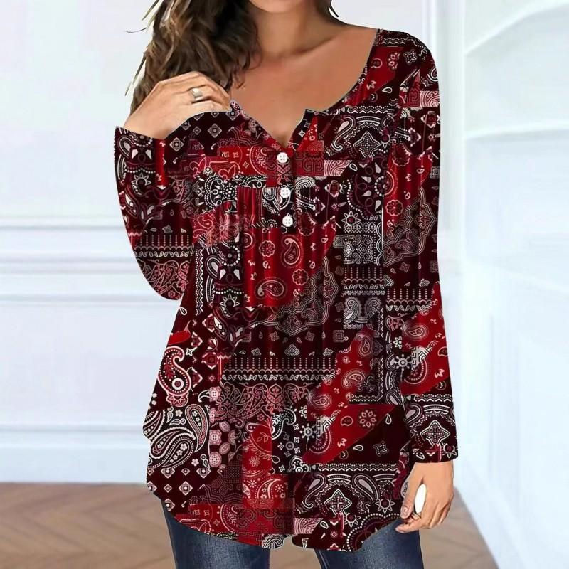 Plus Size Paisley Print Loose V-Neck Button-Up Top Women Casual Elegant Long Sleeve T-Shirt