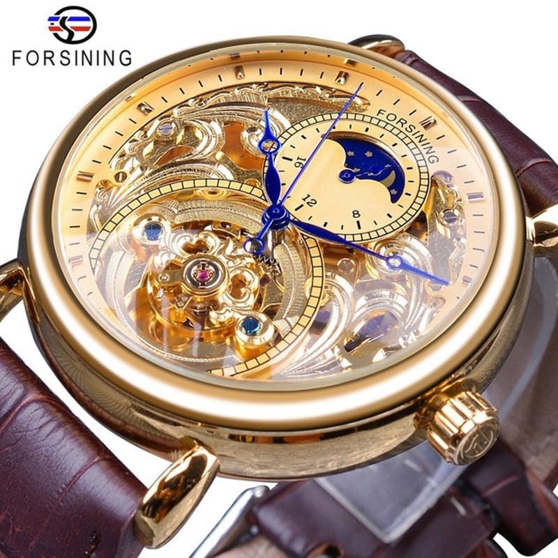 Forsining Men's Fashion Casual Hollow Moon Phase Carved Hollow Automatic Mechanical Watch